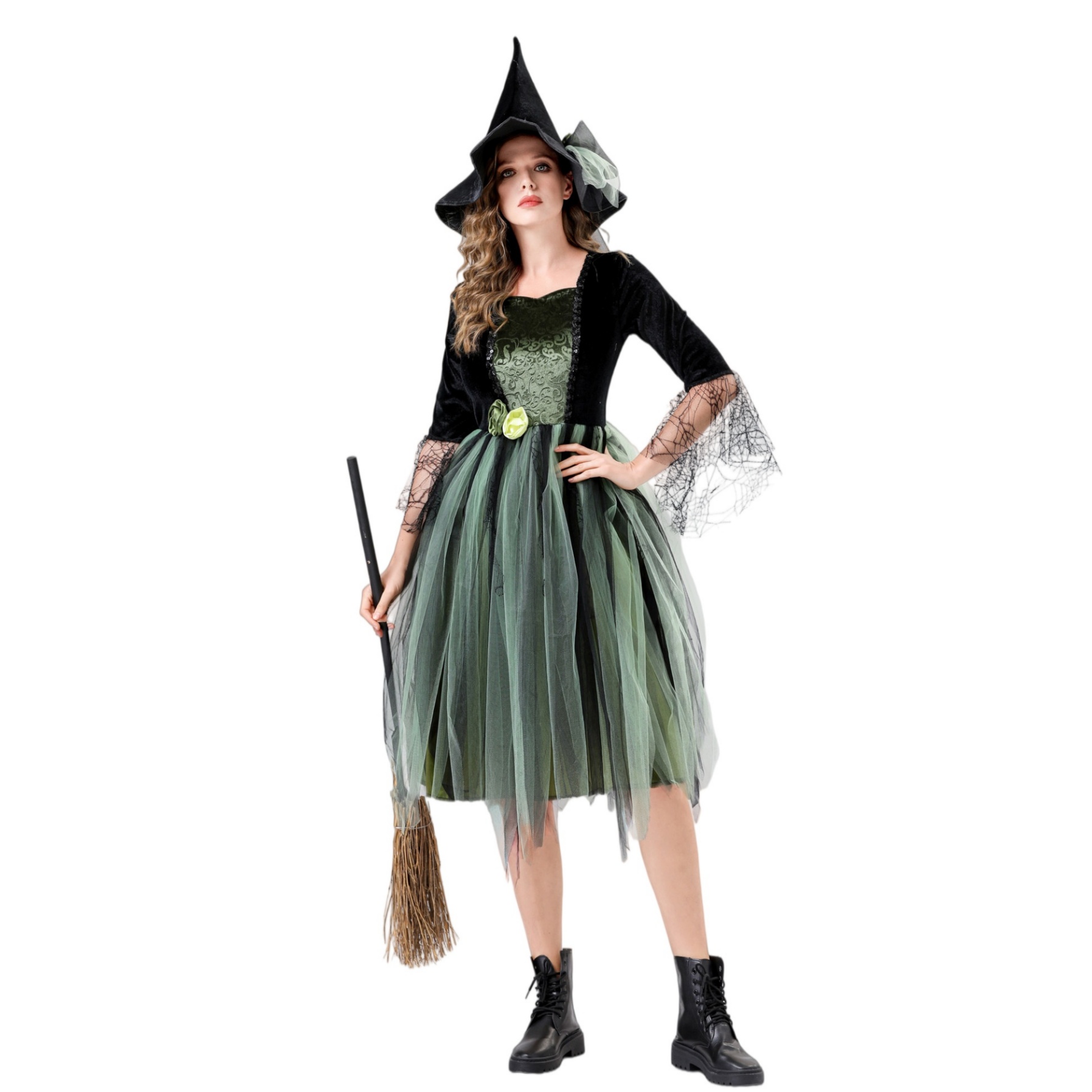 Women Green Witch Costume - Halloween Party Cosplay Outfit Adult Tulle Dress